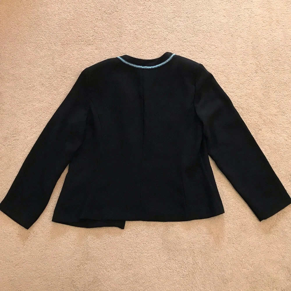Studio Blazer Jacket Size 16 Black Light Blue Trim Pockets Easy Care Office Corp